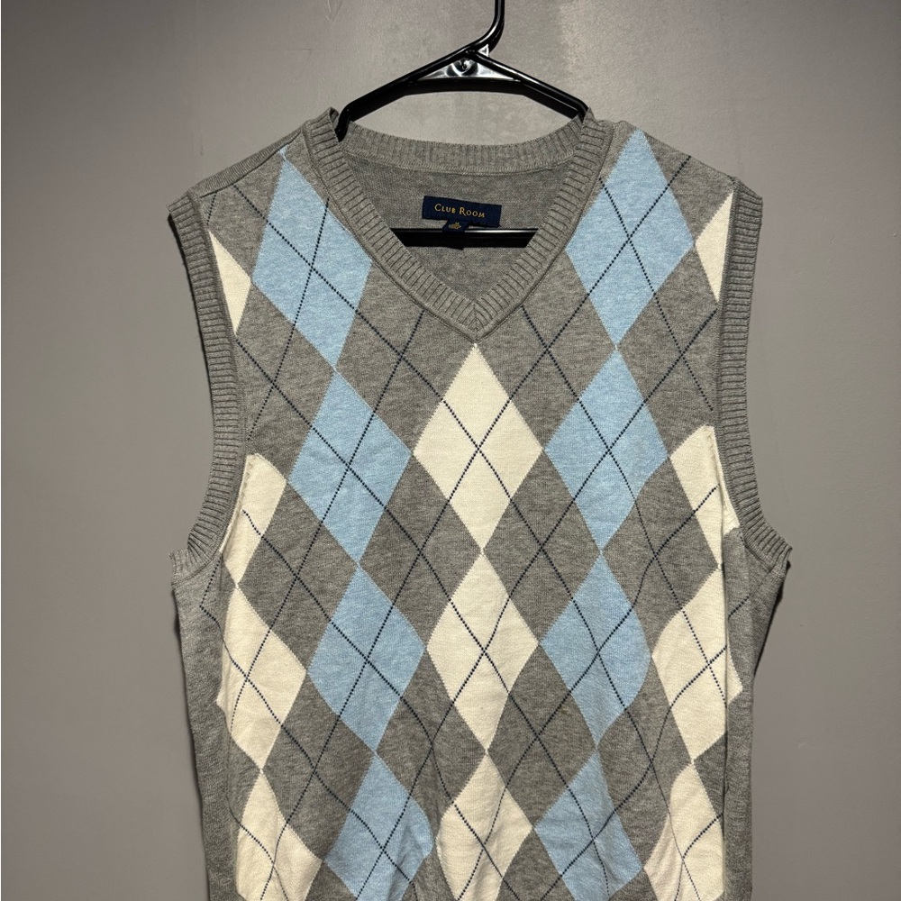 Club Room V-Neck Sweater Light Blue Cream Gray
